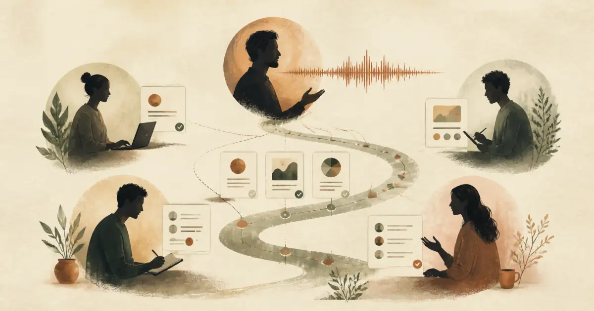 A structured group learning ecosystem showing shared cohort milestones, peer feedback threads, and expert audio reviews.