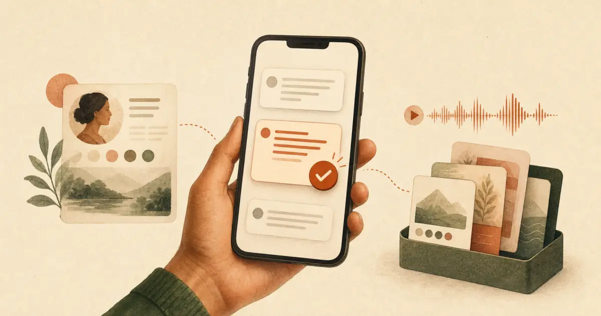 A coach reviewing a personalized client response on a phone, connected to client context, audio, and a reusable coaching library.