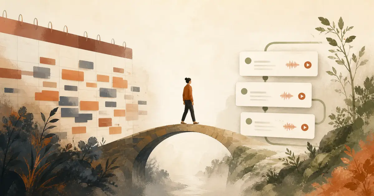 A visual roadmap showing a clear bridge from calendar-heavy 1:1 coaching to flexible, scalable async programs.