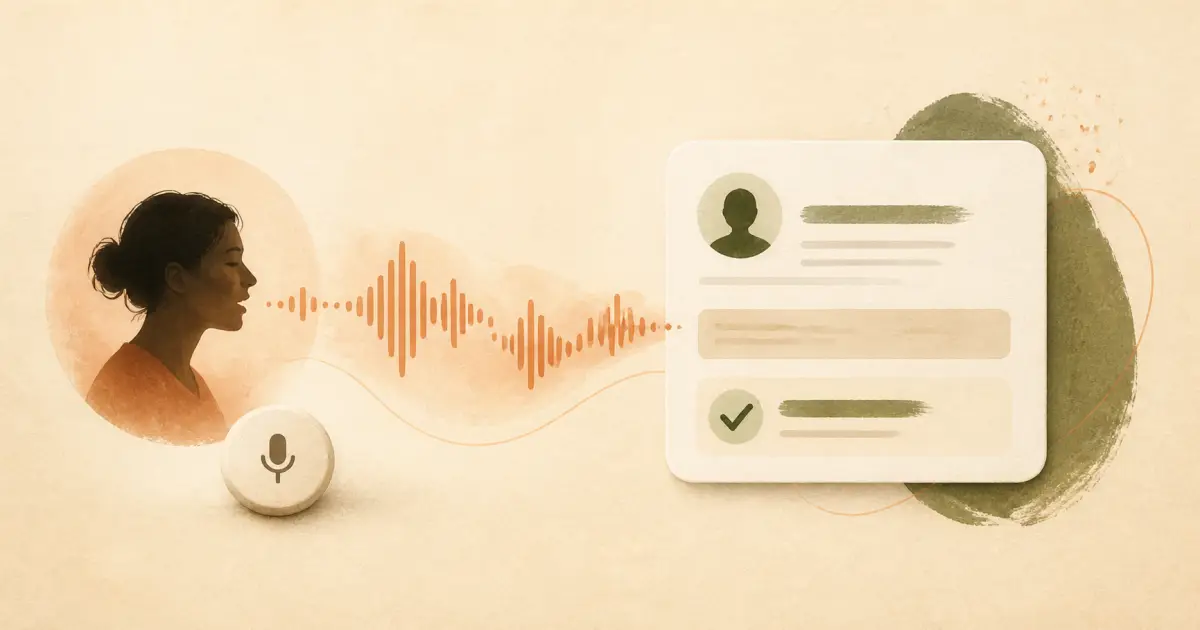 An audio coaching studio interface showing clean sound waves, client context cards, and structured voice note outlines.
