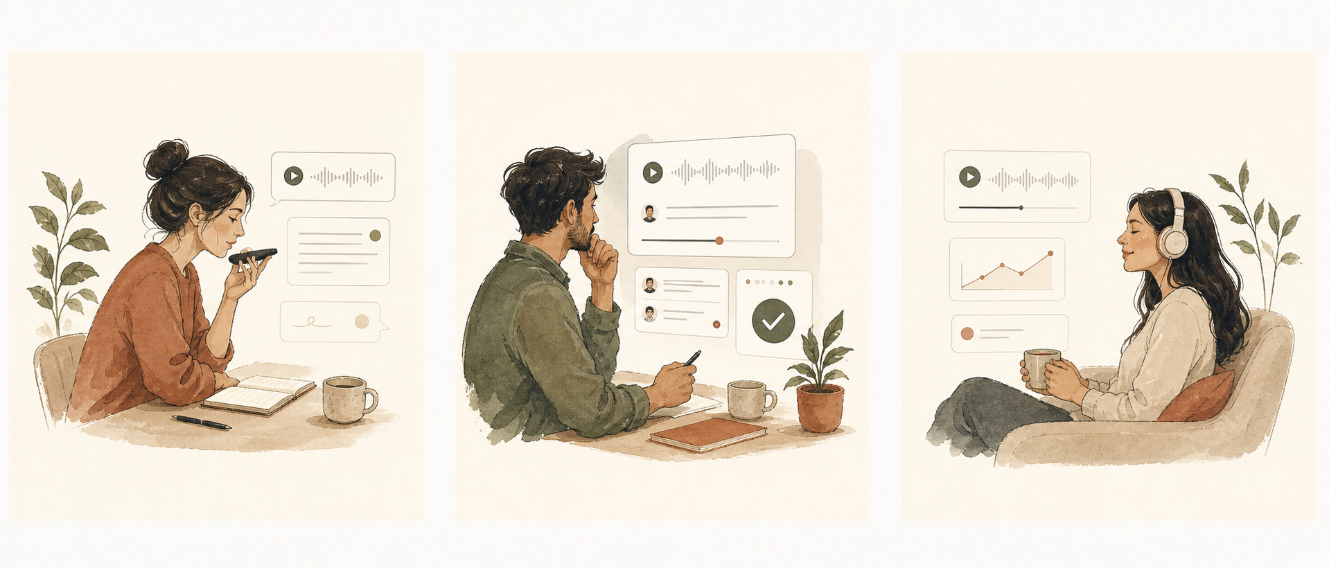 Trois illustrations d’un flux de coaching asynchrone